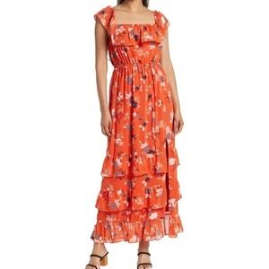 DR2 Floral Tiered Ruffle Maxi Dress M Orange Coral Boho Beach Party Vacation NWT